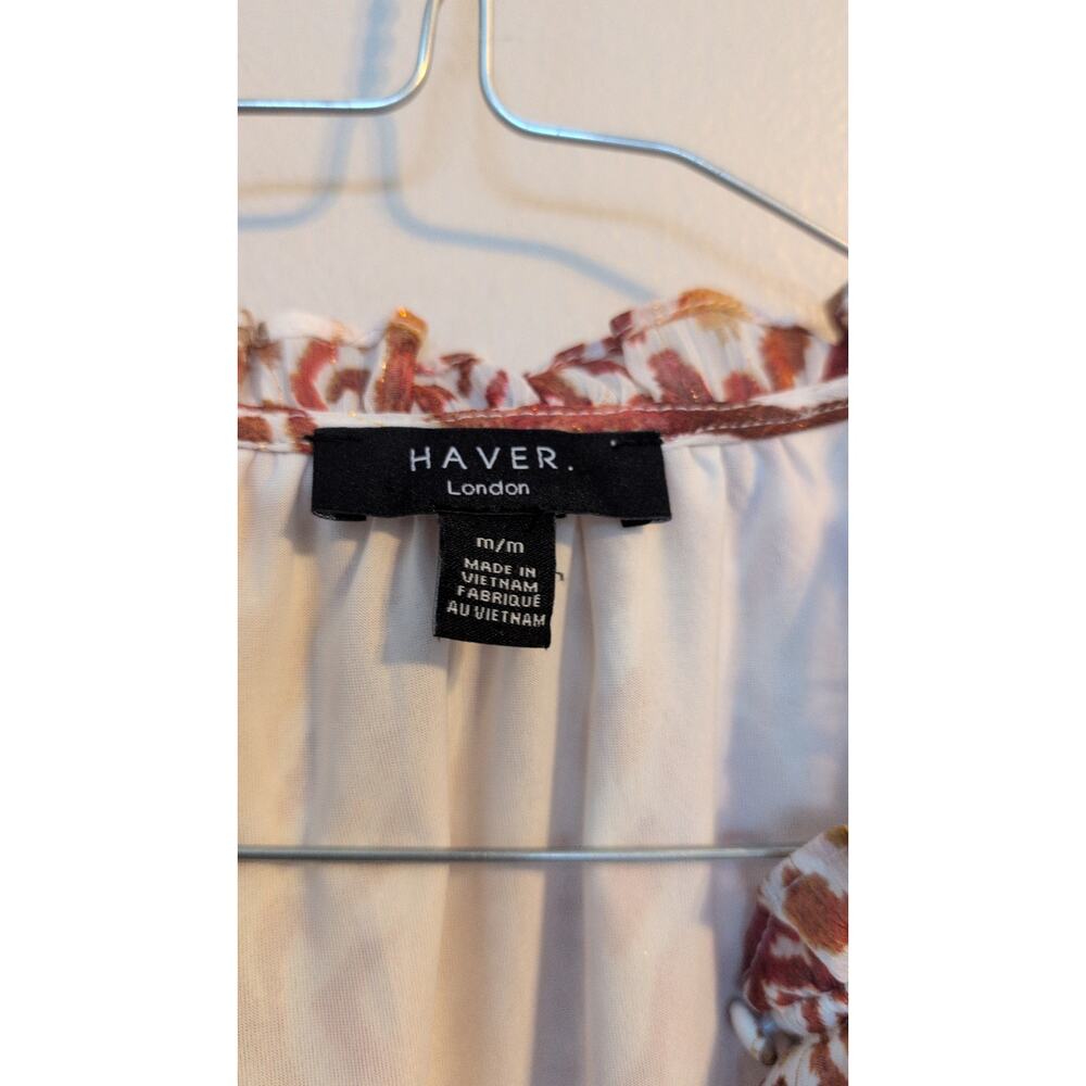Haver London Patterned Tie Front Blouse Short Sleeve Effortless Chic Size Medium - Picture 3 of 5